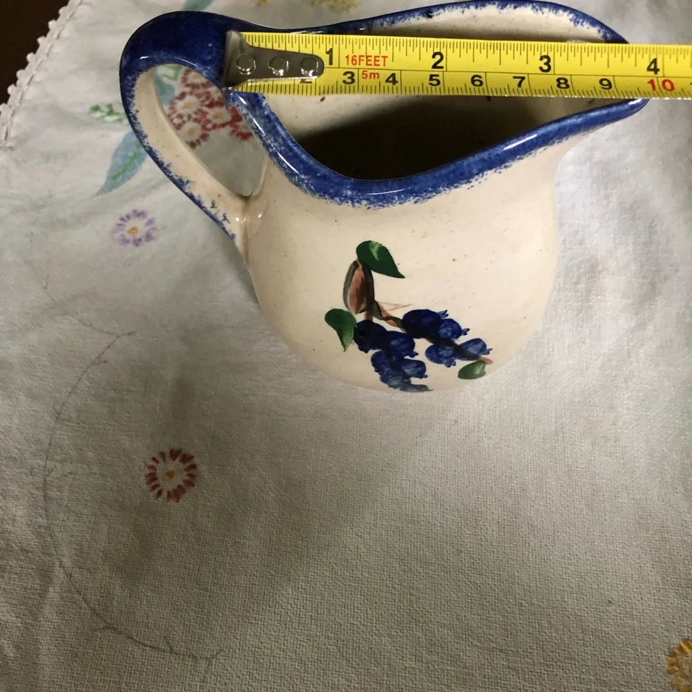 Vintage Small Handpainted Ceramic Pitcher. Blueberries on Cream Background. 5